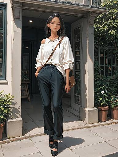 Photograph of an Asian woman with long black hair, wearing a white off-shoulder blouse, black high-waisted pants, and black sandals