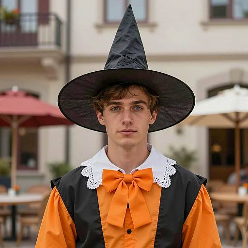 Young man in witch costume outdoors