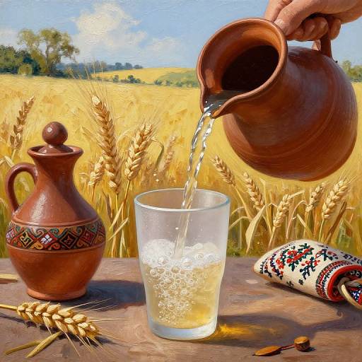 Photograph: Hand pours water from brown clay pitcher into glass, with golden wheat field background, clay jug, embroidered cloth, and wheat.