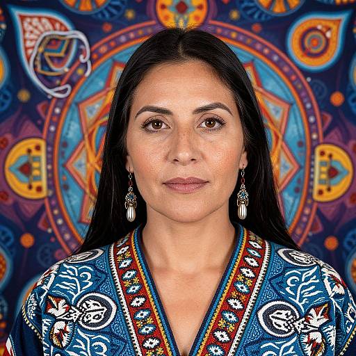Photograph of a middle-aged woman with long black hair, brown eyes, wearing a colorful, patterned blue blouse, against a vibrant, mandala