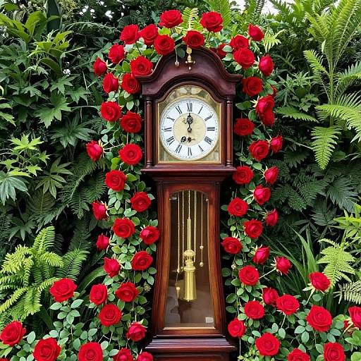 Photograph of a wooden clock surrounded by vibrant red roses and lush green ferns, creating a romantic, garden-like setting.