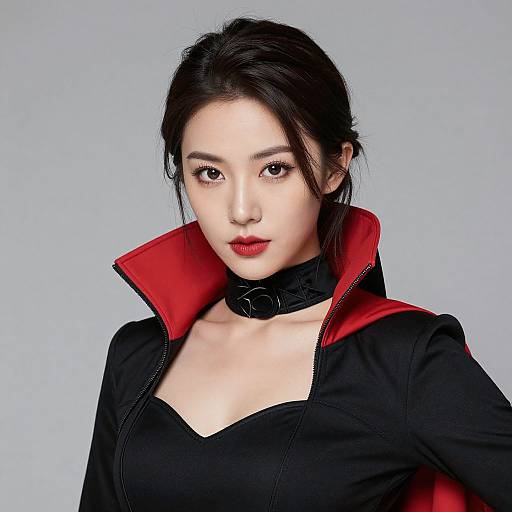 Photograph of an Asian woman with fair skin, black hair, red lipstick, wearing a black top, red collar, and black choker, against