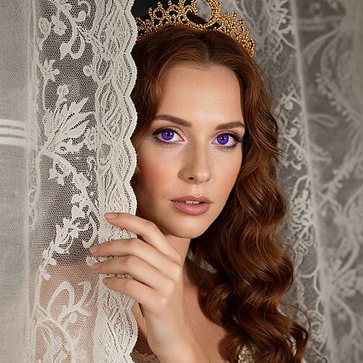 Photograph of a beautiful woman with purple eyes, long brown wavy hair, wearing a gold tiara, holding lace curtain, elegant and mysterious.