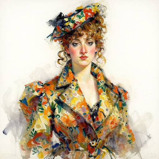 Vibrant digital painting of a fair-skinned woman with curly brown hair, wearing an ornate floral hat and coat, against a white background.