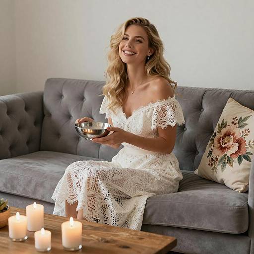 Blonde Woman in White Lace Dress