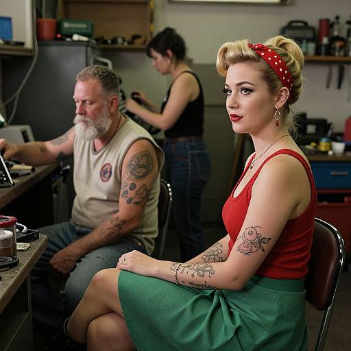 Photograph of a 1950s-inspired woman with blonde hair, red polka dot headband, red tank top, green skirt, tattoos,