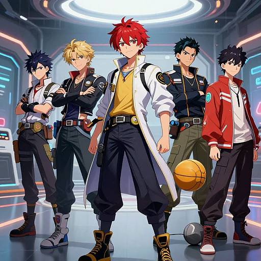 Anime-style digital artwork of five male characters in futuristic outfits, standing confidently in a neon-lit, high-tech room. Red-haired leader holds basketball,