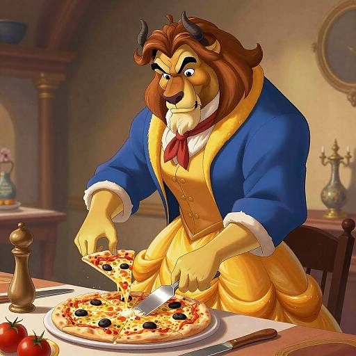 Beast from Beauty and the Beast, in blue and yellow coat, slices pepperoni pizza at a wooden table with pepper mill and tomatoes.