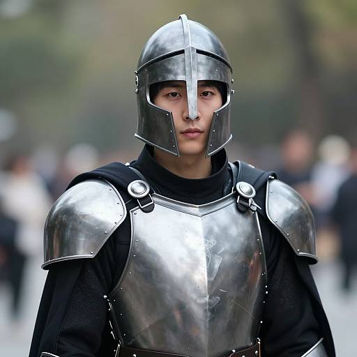 Photograph of a young Asian man in medieval-style silver armor and helmet, standing outdoors with a blurred background of people.