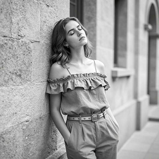 Young Woman Leaning on Stone Wall
