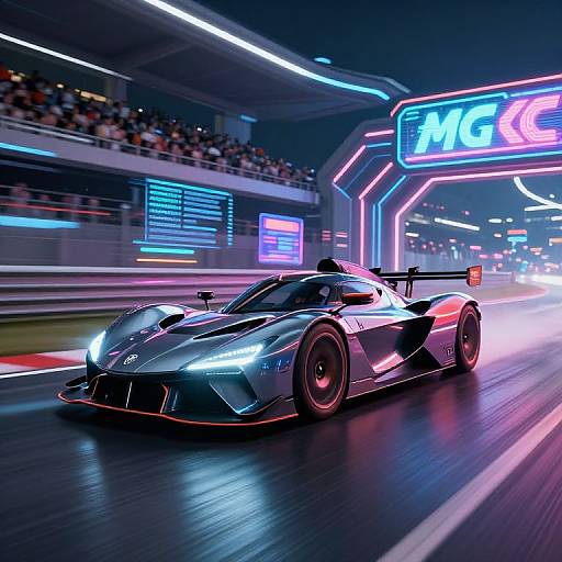 Neon-lit, high-speed, futuristic race scene featuring a sleek, black, glowing, LED-illuminated sports car racing on a track