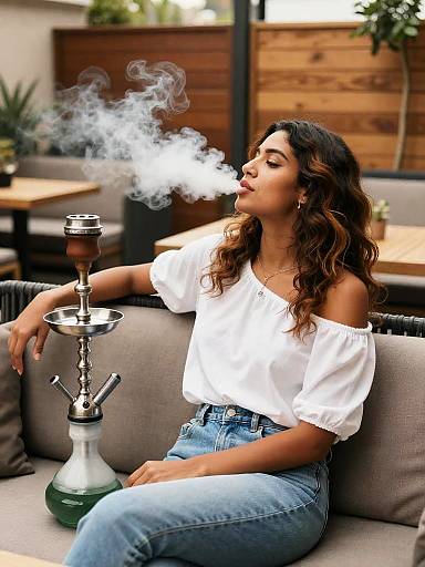 Relaxed Woman Smoking Shisha on Terrace