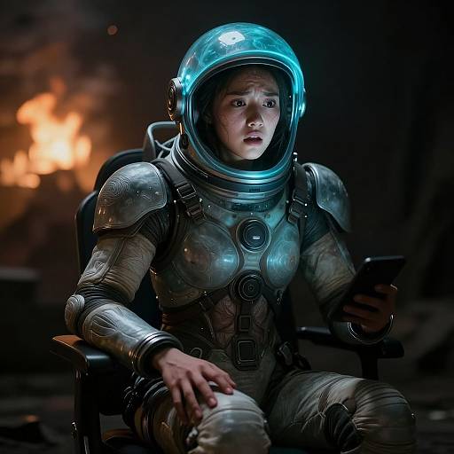 Photograph-style CGI of a frightened young woman in a shiny, metallic space suit with a glowing blue helmet, holding a phone, sitting in a dark