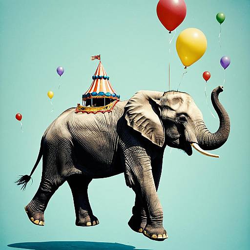 Surreal Floating Elephant with Balloons and Carnival Tent