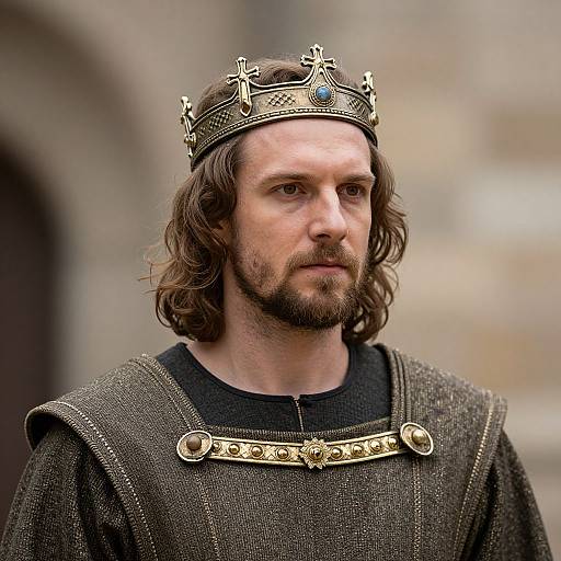 Photograph of a serious, bearded man with shoulder-length brown hair, wearing a gold-crowned, medieval-style brown robe with intricate embroidery.