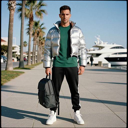 Photograph of a muscular Black man in a silver puffer jacket, green shirt, black pants, white sneakers, holding a black backpack, standing on