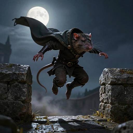 Ratfolk Rogue Leaping at Moonlit Battlements