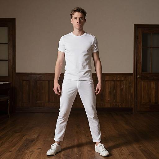 Photograph of a muscular, fair-skinned man with short brown hair, standing confidently in a dimly lit room. He wears a white t-shirt