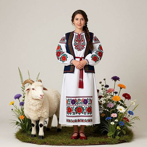 Photograph of a young woman with braided brown hair, wearing a traditional white embroidered dress and black vest, standing beside a white sheep, surrounded by