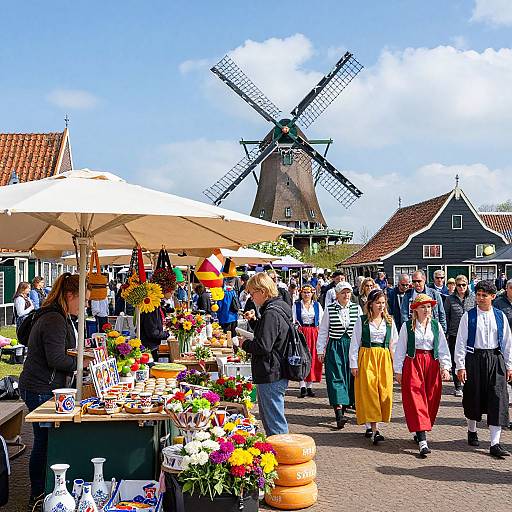 Colorful outdoor market with people in Dutch clothes, vibrant flowers, and a large windmill in the background on a sunny day.
