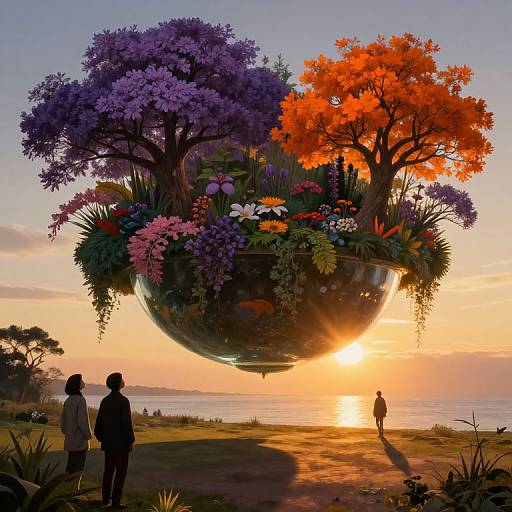Digital artwork of a surreal sunset: a glass sphere floats, filled with vibrant purple and orange trees, surrounded by colorful flowers. Two silhouetted