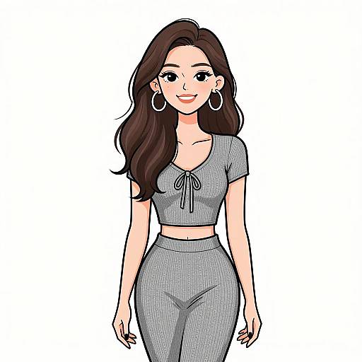 Digital illustration of a smiling young woman with long brown hair, wearing a gray crop top and matching high-waisted pants, large hoop earrings, and