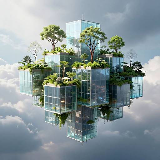 Photorealistic CGI of a futuristic, floating glass cube structure adorned with lush green trees and plants, set against a cloudy sky.