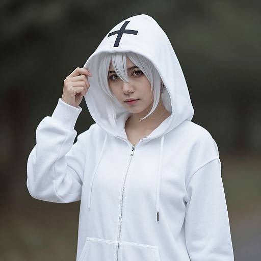 Photograph of a young woman with white hair, wearing a white hoodie with a black cross on the hood, standing outdoors.
