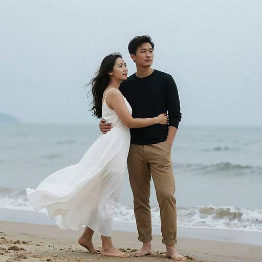 Romantic Beach Portrait Under Overcast Sky