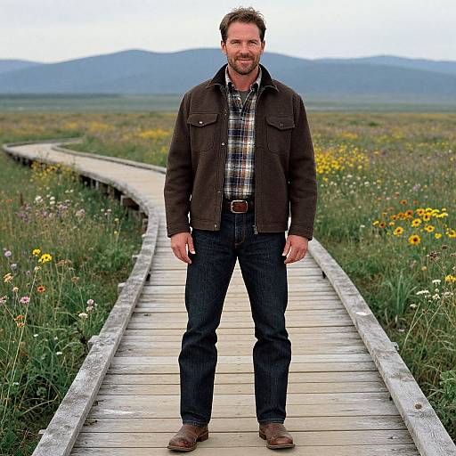 Photograph of a bearded man with short brown hair, wearing a brown jacket, plaid shirt, and jeans, standing on a wooden path through