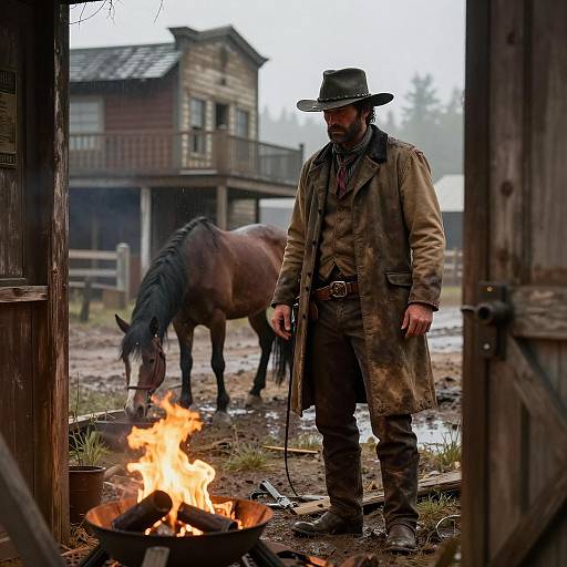 Outlaw by Campfire in Rainy Frontier Town