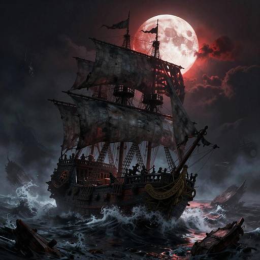 Ghostly Pirate Ship Under Blood Moon