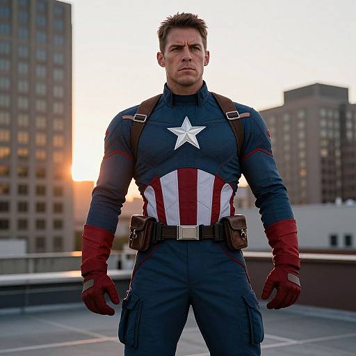 Photograph of a muscular white man in a blue Captain America suit with red gloves and star, standing on a rooftop at sunset, city buildings in the