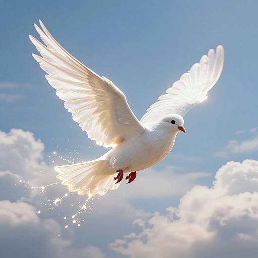 Photograph of a white dove with outstretched wings, red feet, and orange beak, soaring against a bright blue sky with fluffy white clouds