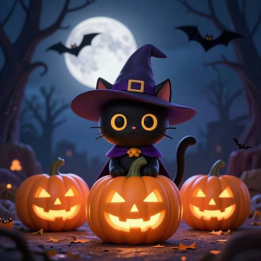 Whimsical Halloween Witch Cat Illustration