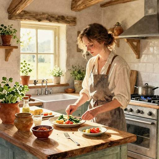 Photograph of a sunlit, rustic kitchen with a young woman in a white shirt and gray apron, slicing colorful vegetables on a wooden island.