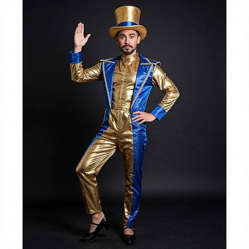 Photograph of a bearded man in a gold and blue sequined suit, top hat, and black shoes, posing against a black background with one