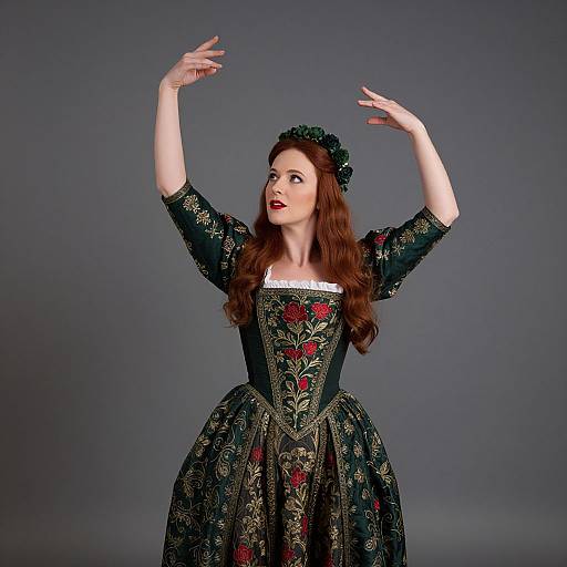 Photograph of a fair-skinned woman with long auburn hair, wearing a black, floral-patterned Renaissance dress with red roses, white lace