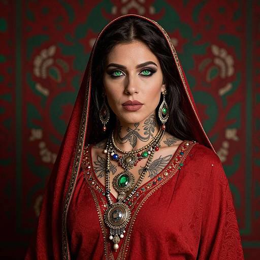 Photograph of a tattooed woman with green eyes, wearing a red traditional dress, veil, and ornate green and gold jewelry, against a red
