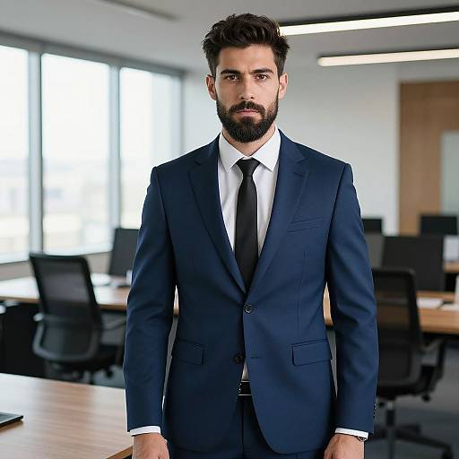 Photograph of a bearded man in a dark navy suit, white shirt, and black tie standing in a modern, bright office.
