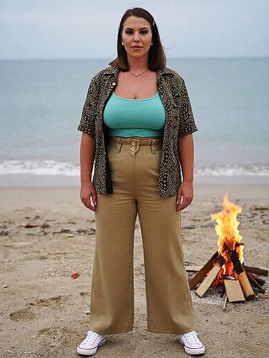 Photograph of a brunette woman with fair skin, wearing a turquoise tank top, beige pants, leopard print cardigan, and white sneakers, standing in