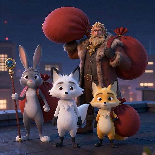 Anthropomorphic Characters on Rooftop at Night