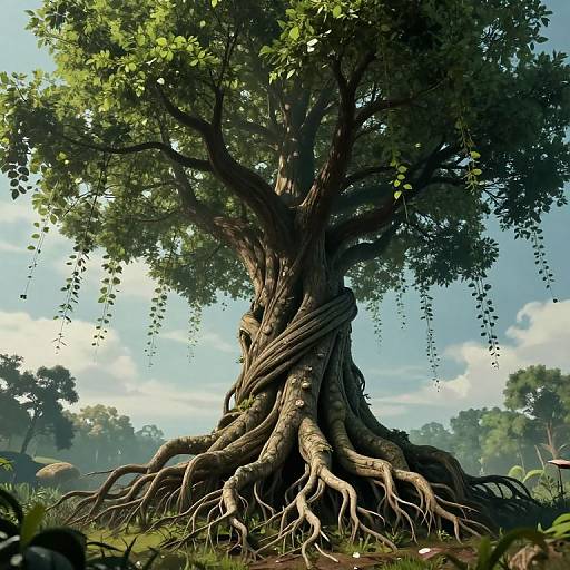 Digital painting of a large, ancient tree with thick, twisting roots and lush green leaves, set against a bright, cloudy sky.