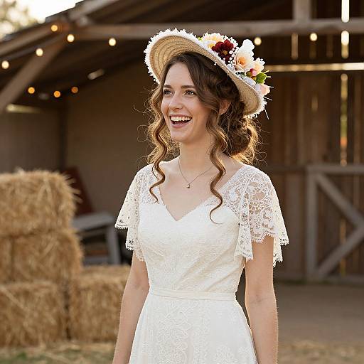 Photograph of a smiling woman with wavy brown hair, wearing a white lace dress and straw hat with flower crown, standing in front of a wooden