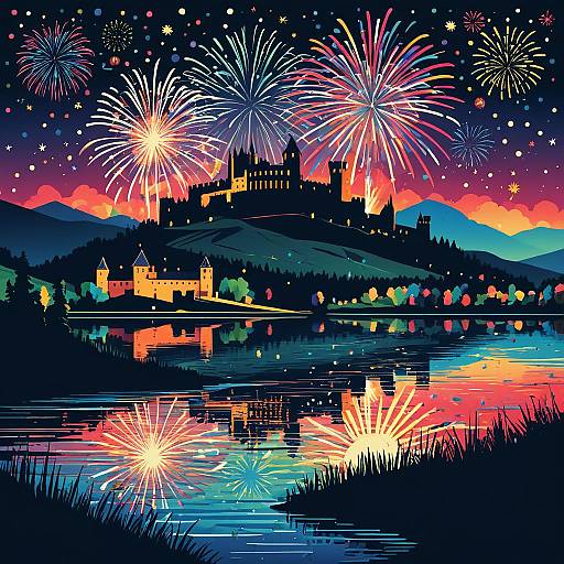 Medieval Castle Fireworks Over Lake