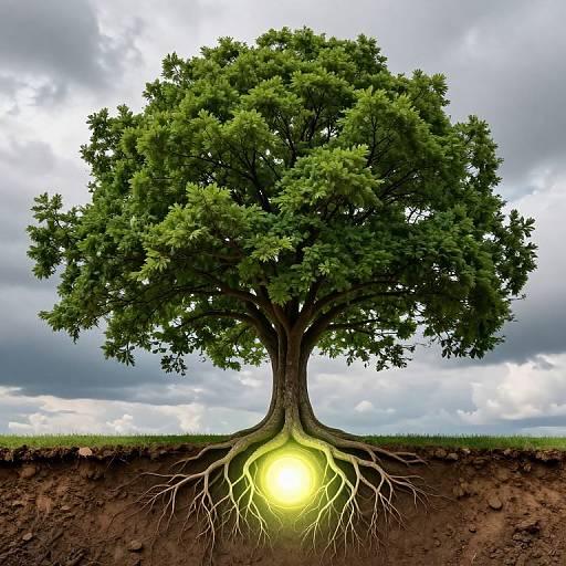 Photograph of a large, green-leaved tree with visible roots, illuminated by a glowing yellow light at its base, against a cloudy sky.