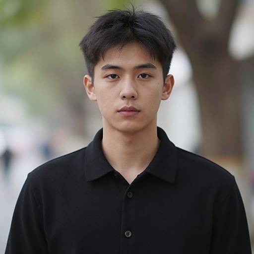 Photograph of a young Asian man with short black hair, wearing a black button-up shirt, standing in a blurred outdoor setting with trees and soft sunlight