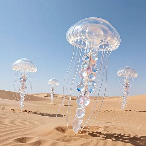 Photorealistic CGI of four glowing, transparent jellyfish with reflective, silver bubbles floating in a bright blue desert under a clear sky.