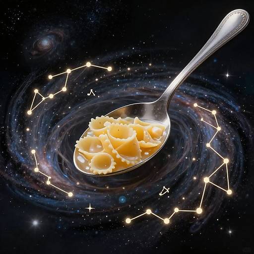 Photograph of a spoon filled with yellow ice cream floating in a cosmic space, surrounded by glowing constellation lines and swirling dark nebula.