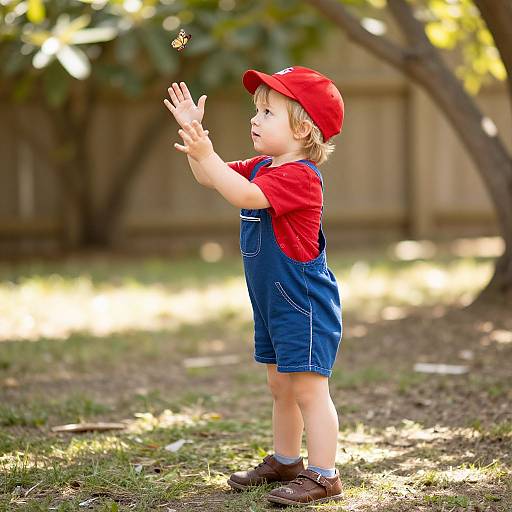 Child Reaching for Butterfly in Backyard